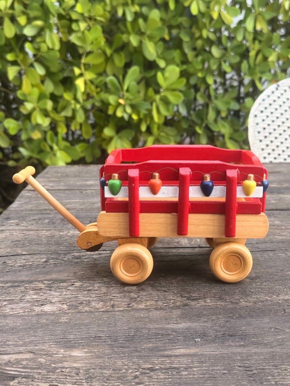 Vintage Small Red Wood Wagon Pull Toy Play Christmas Decor Wooden Lights